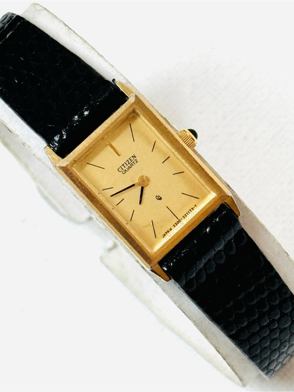 Vintage Citizen Thin Tiny Tank Women's Gold Watch Black Lizard Leather 2200